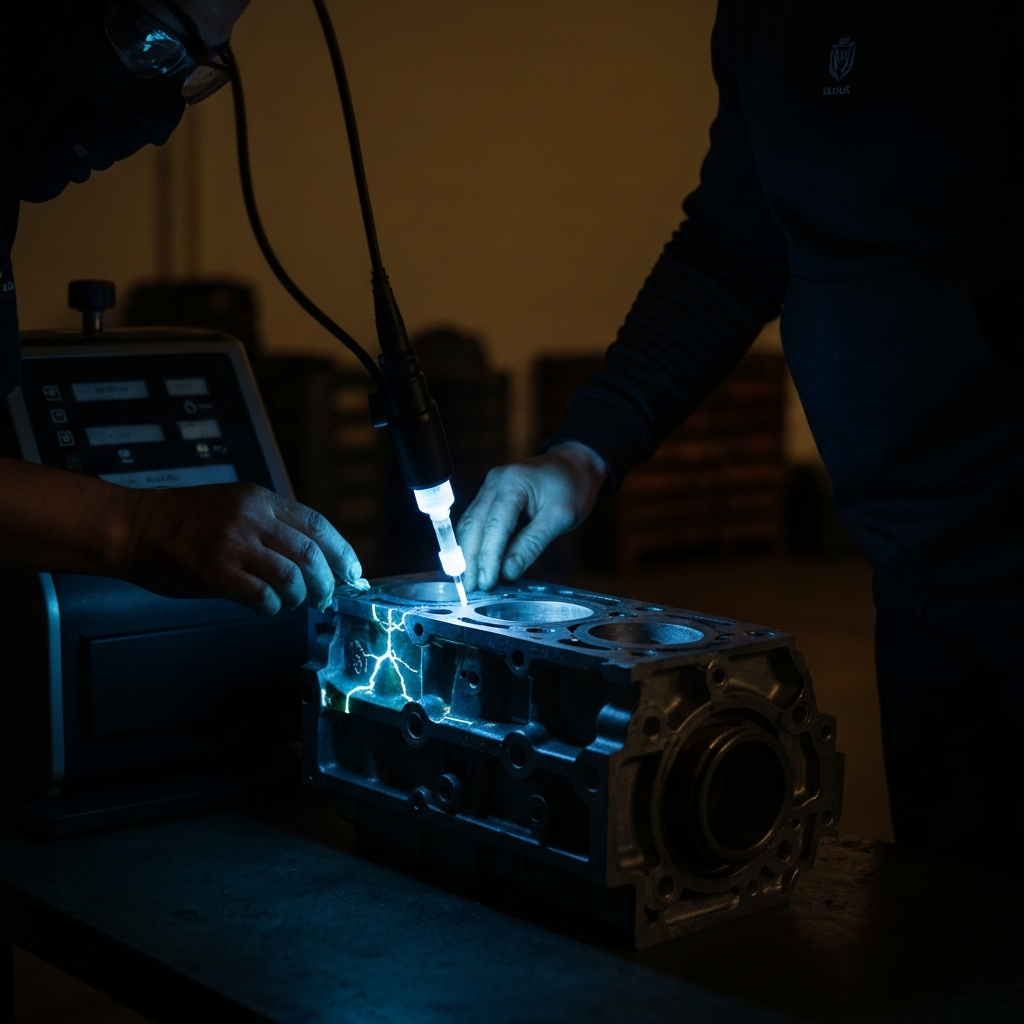 A technician using a Magnaflux machine to inspect an engine block. The block is illuminated with UV light, revealing any cracks highlighted by the Magnaflux solution. The scene is dark, with the UV light as the primary light source.