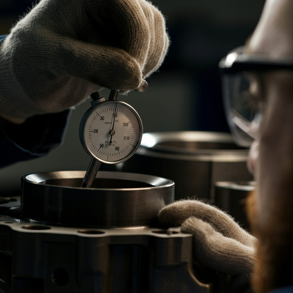 A close-up of a technician using a dial bore gauge to measure the diameter of a cylinder bore. Soft, natural lighting highlights the precision of the instrument and the texture of the cylinder wall. The technician is wearing gloves and safety glasses.