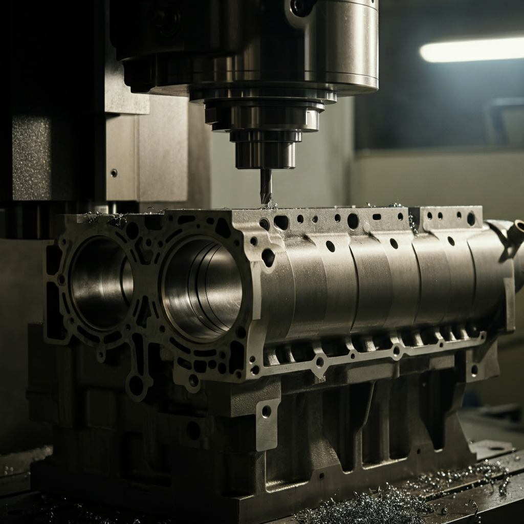 An engine block mounted on a boring machine. The cutting tool is shown precisely removing material from the cylinder wall. Focus on the metal shavings and the precision of the machine. Industrial lighting casts stark shadows.