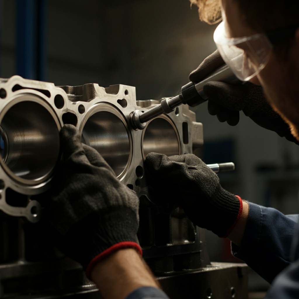 A mechanic using a honing tool inside a cylinder bore. The abrasive stones are visible, creating a crosshatch pattern on the cylinder wall. The mechanic is wearing safety glasses and gloves. Golden hour lighting illuminates the workspace.