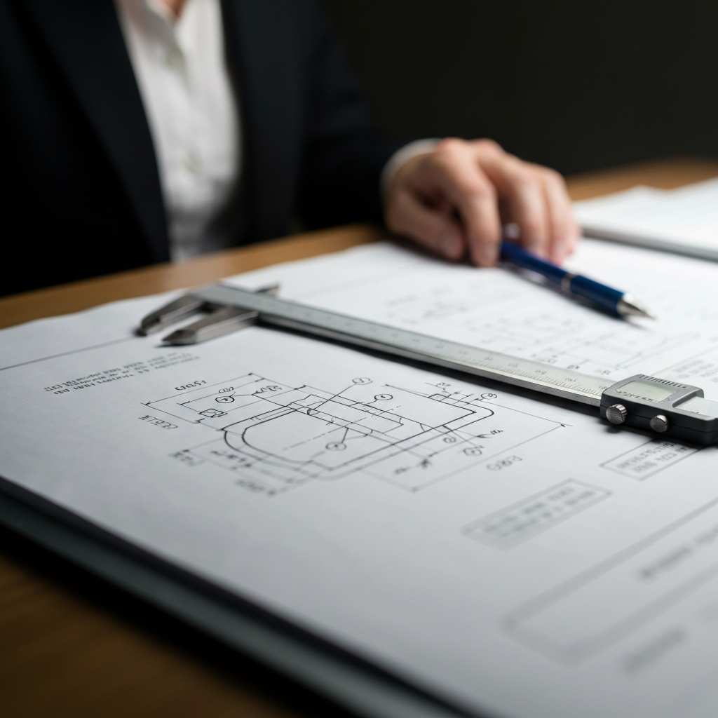 Close-up of a technical drawing with GD&T symbols, illuminated by soft, diffused light. The drawing lies on a drafting table, with a precision caliper resting nearby. Focus on the fine lines and annotations, highlighting the complexity of the drawing.