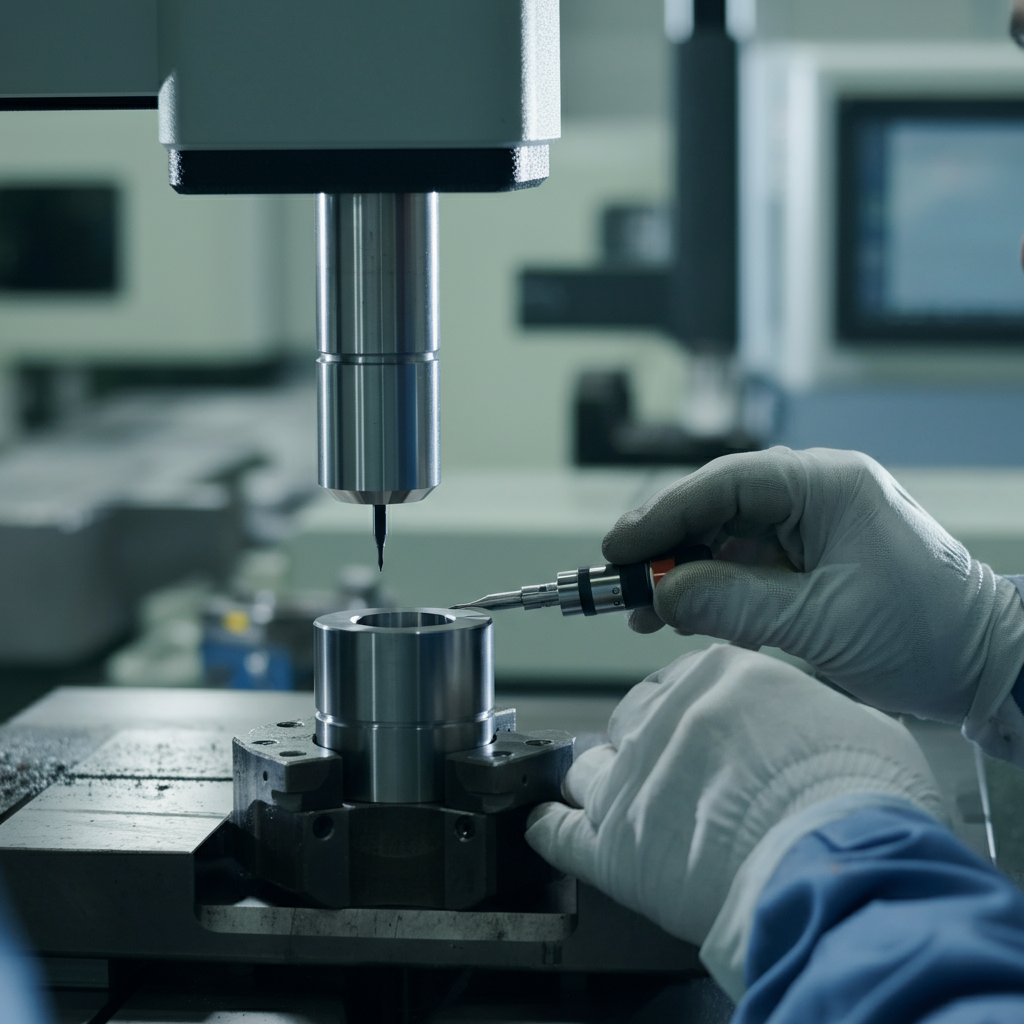A machinist carefully inspecting a cylindrical part using a coordinate measuring machine (CMM). The part is clamped in place, and the CMM probe is gently touching the surface. The background is a clean, modern machine shop, with other machines blurred in the distance. Soft, even lighting illuminates the scene.