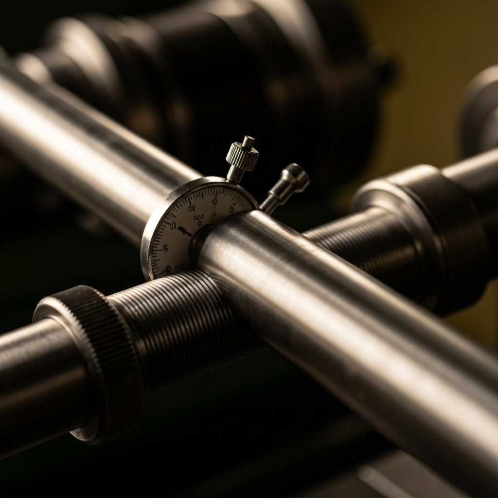 A close-up shot of a long, slender shaft being measured for straightness. The shaft is held between centers on a lathe, and a dial indicator is used to measure deviations along its length. The lighting is focused on the contact point between the indicator and the shaft, highlighting the surface texture.