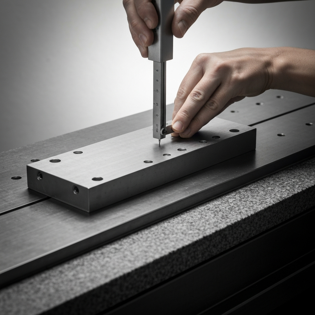 A granite surface plate with a machinist using a height gauge to check the flatness of a machined part. The part is resting on the surface plate, and the height gauge is being carefully moved across its surface. The lighting is soft and even, highlighting the smooth surface of the granite plate.
