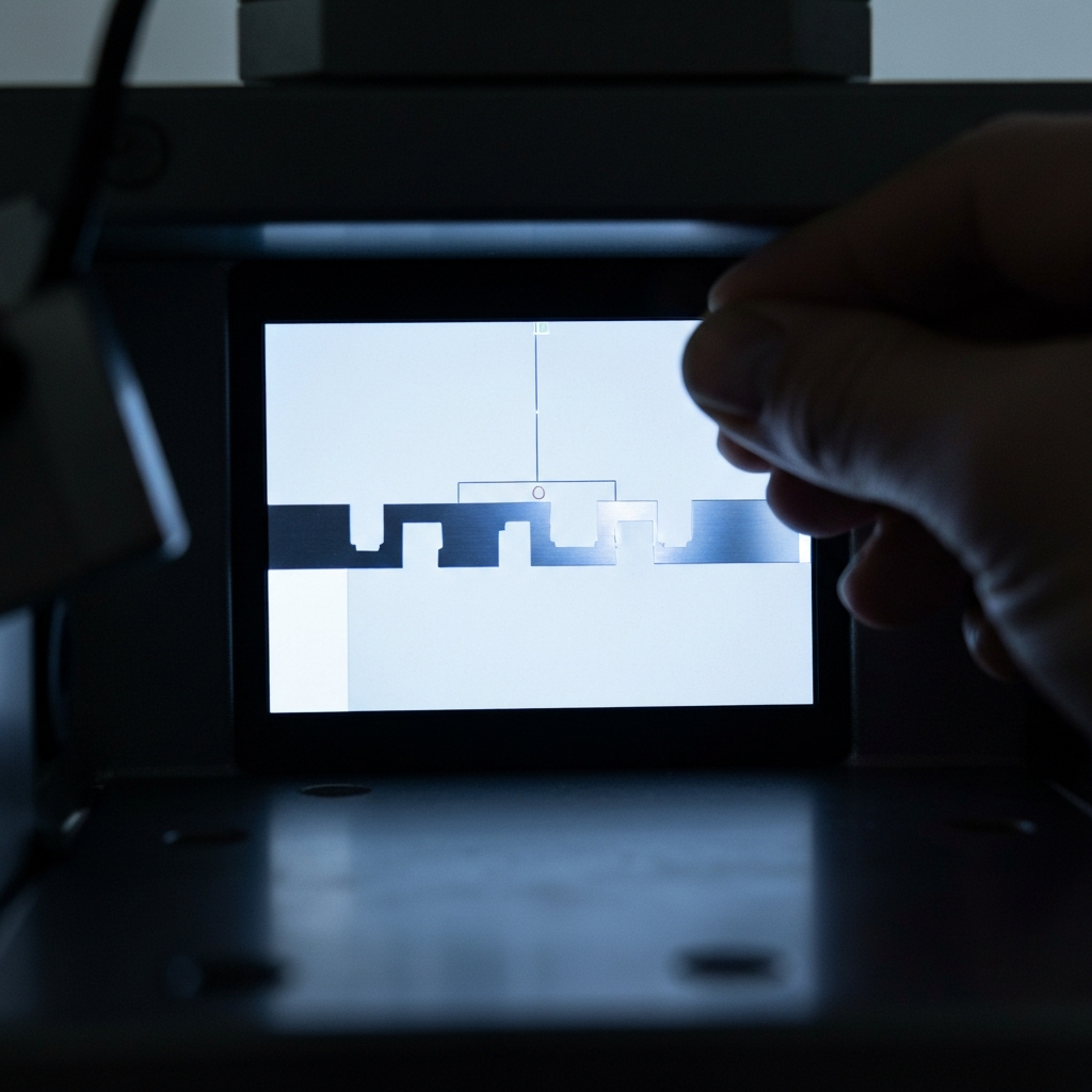 A close-up of a cam profile being inspected with a precision optical comparator. The comparator is projecting an enlarged image of the cam profile onto a screen, allowing the inspector to compare it to a master template. The lighting is focused on the screen, highlighting the sharp details of the cam profile.