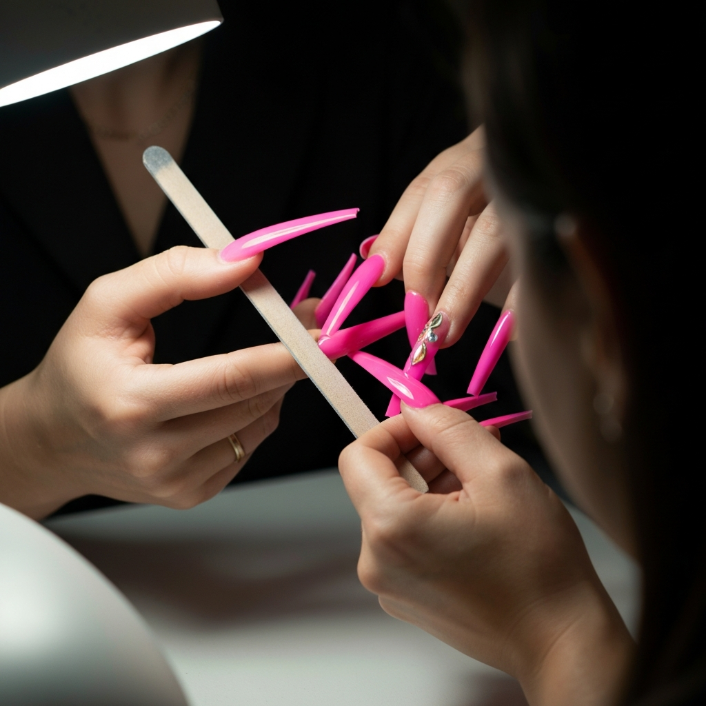 Close-up of a manicurist's hands gently filing extremely long, brightly colored fingernails. Soft, diffused lighting highlights the intricate details of the nail art.