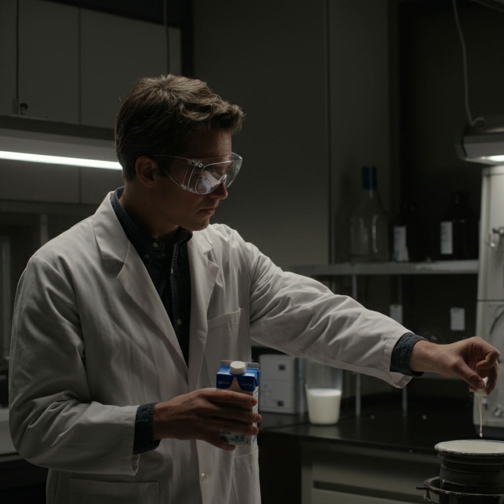 A man wearing protective eyewear stands in a well-lit laboratory, holding a small carton of milk. He appears focused and determined, about to attempt a milk-squirting demonstration.