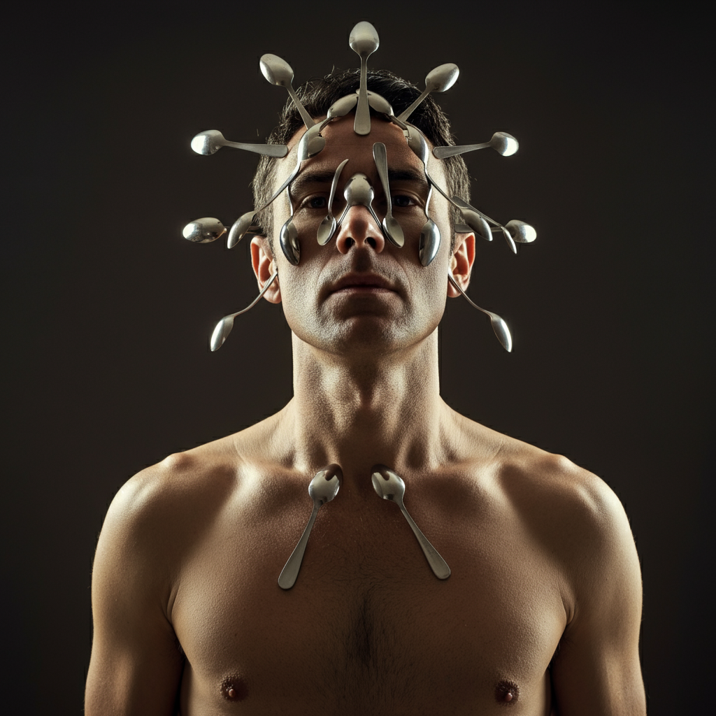 A man stands confidently, shirtless, in a brightly lit studio. Spoons are meticulously balanced on his face, chest, and arms, creating a surreal and sculptural composition.