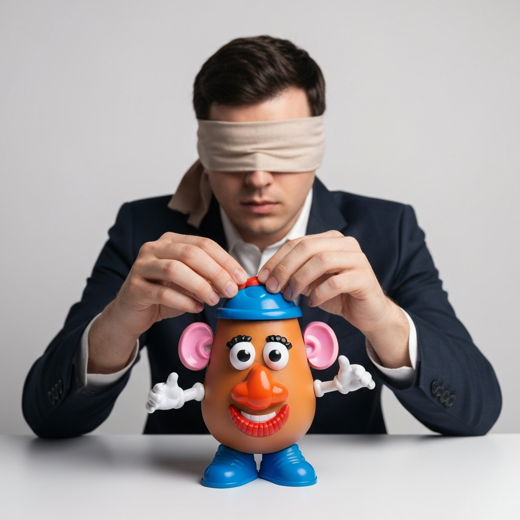 A brightly lit playroom setting. A close-up of hands expertly assembling a Mr. Potato Head toy while the individual is blindfolded. Motion blur suggests speed and agility.