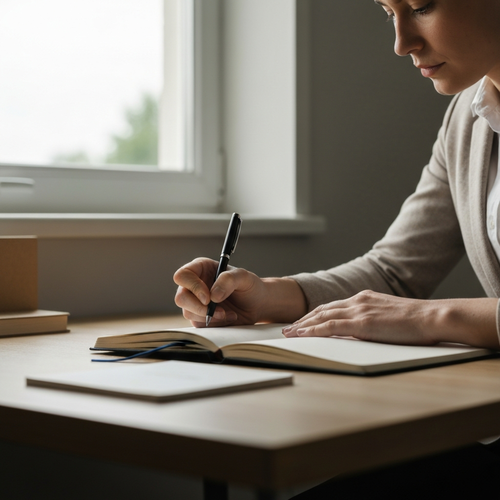 A person sitting at a desk, writing in a journal. Soft natural light illuminates the scene from a nearby window. The room is tidy and organized. Focus on the textures of the paper and pen.