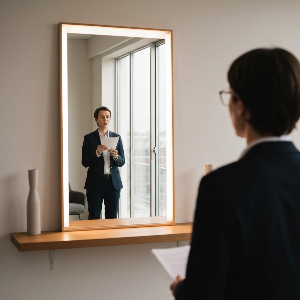 A person standing in front of a mirror, practicing their speech. The lighting is soft and diffused, creating a warm and inviting atmosphere. The person is dressed in business casual attire and maintains a calm, composed expression.