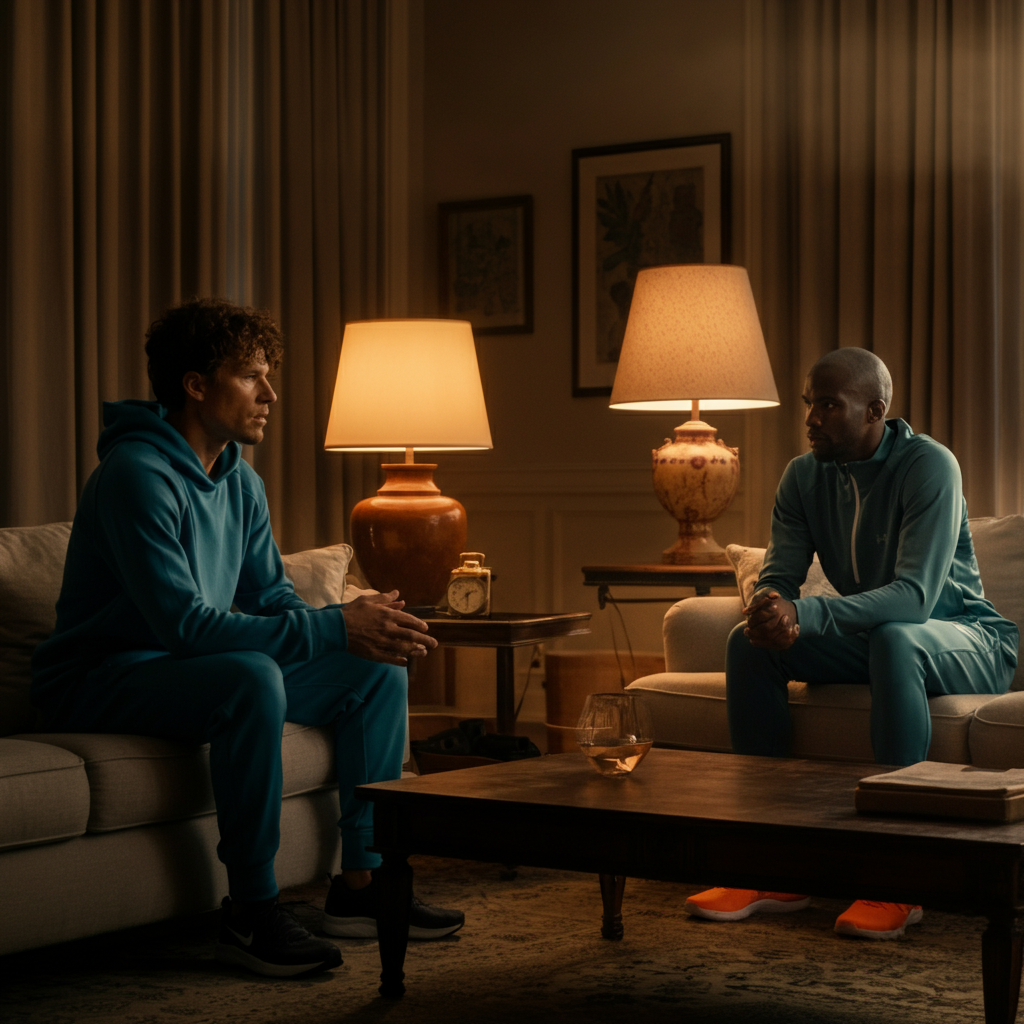 A living room with comfortable seating and soft, natural light streaming through the windows. The room is decorated in warm, neutral tones. Two people are sitting across from each other, engaging in a serious conversation.