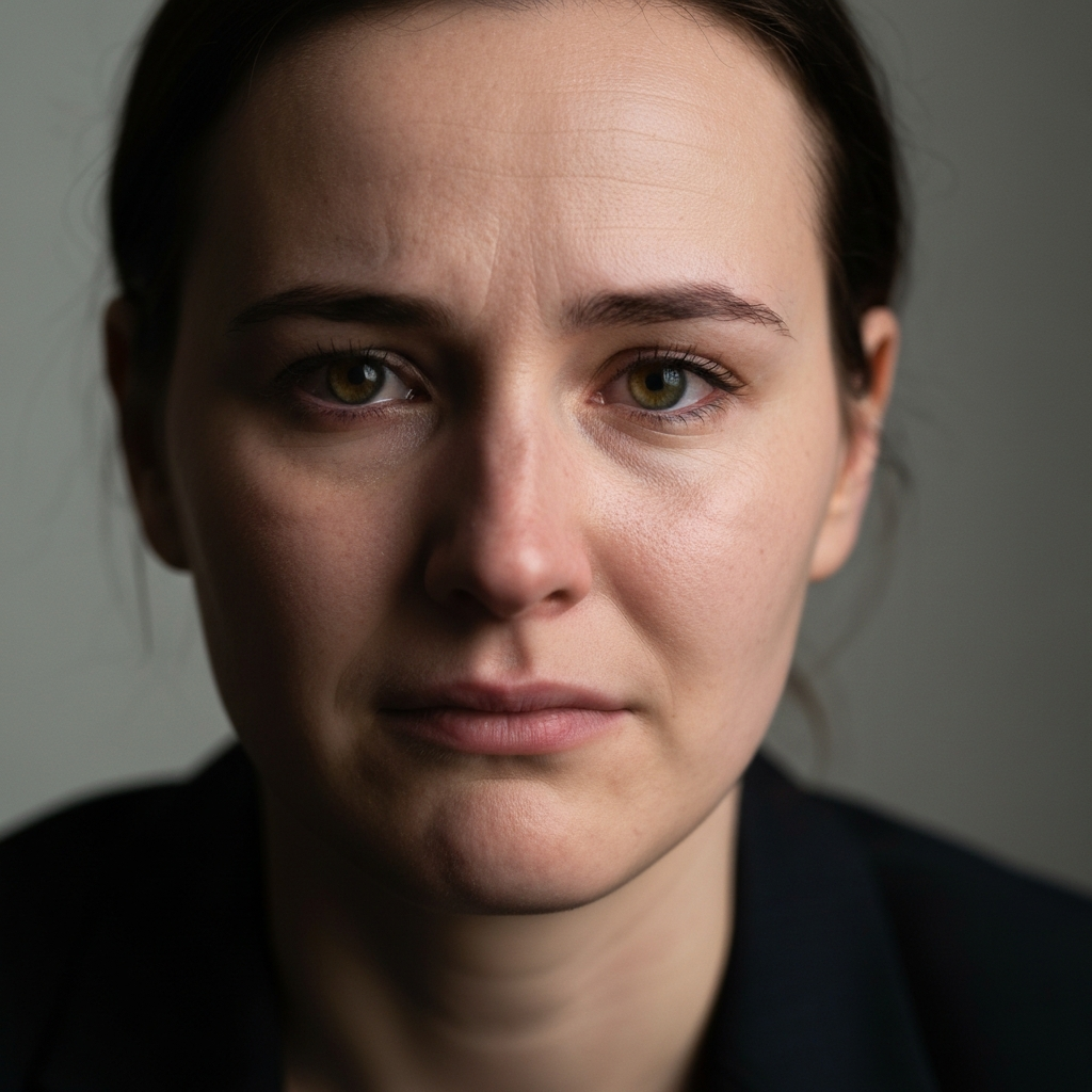 A person looking directly at the camera, their expression conveying a mix of sadness and disappointment. The lighting is soft and diffused, highlighting the contours of their face and the depth of their emotions. Focus on conveying vulnerability and honesty.