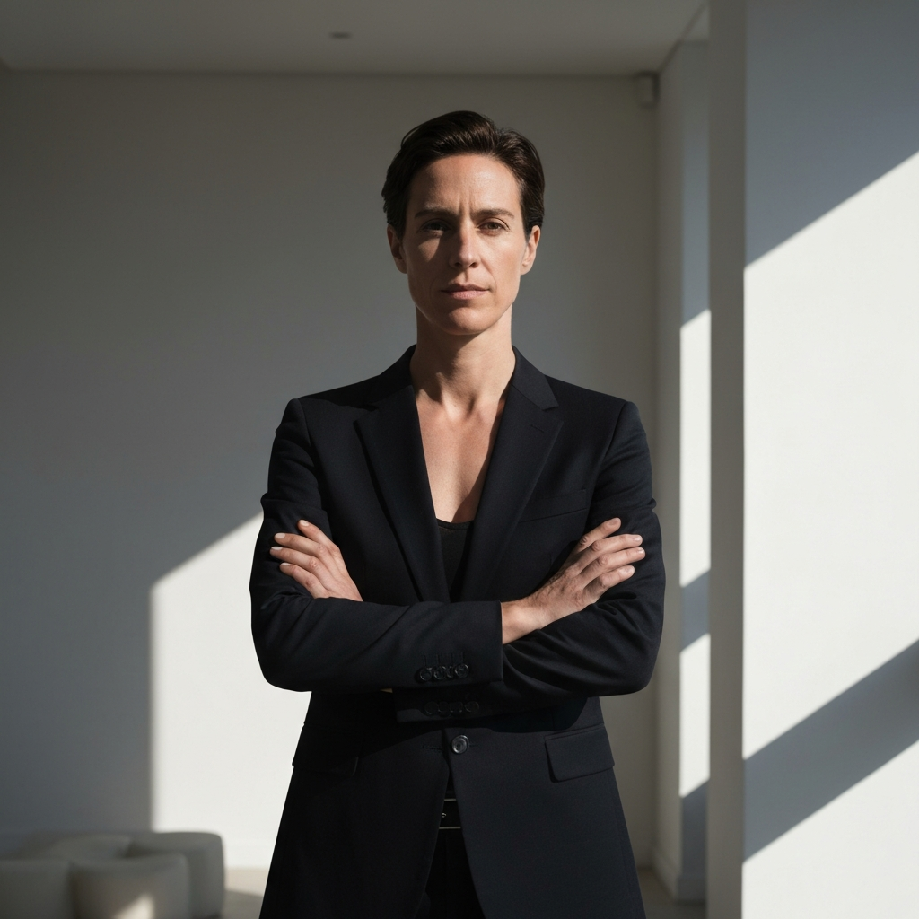 A person standing with their arms crossed, maintaining a firm but respectful posture. The lighting is strong and direct, emphasizing their strength and resolve. Focus on conveying confidence and assertiveness.