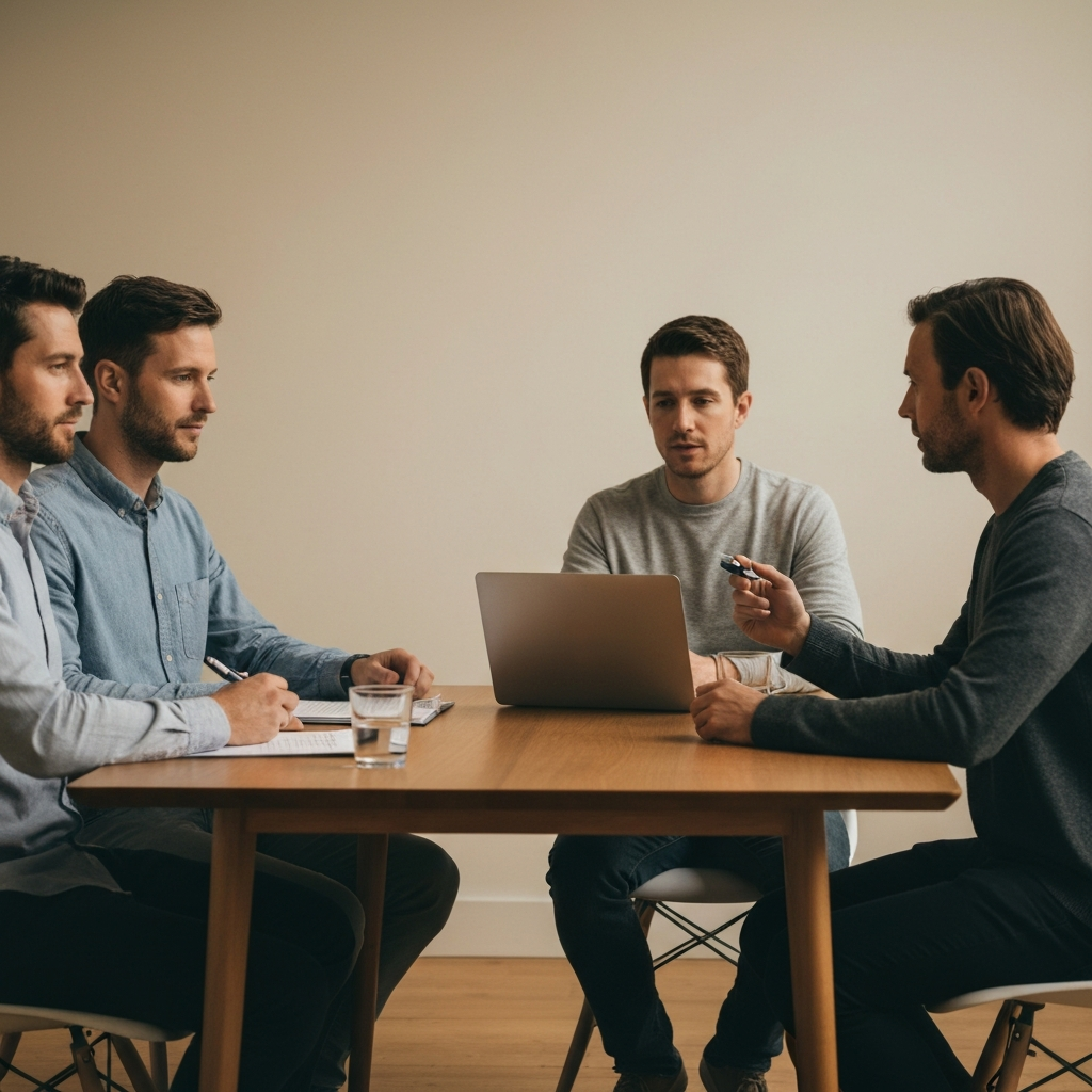 Three people sitting around a table, engaged in a calm and productive discussion. The lighting is soft and balanced, creating a comfortable and collaborative atmosphere. The mediator is facilitating the conversation with a neutral and objective demeanor.