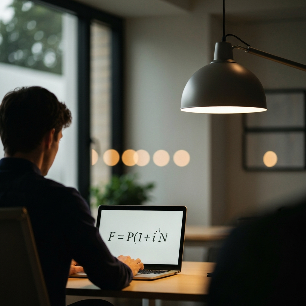 A warmly lit office setting. A person is seated at a desk, focused on a laptop screen displaying the formula "F = P(1 + i)^N". Soft bokeh in the background.