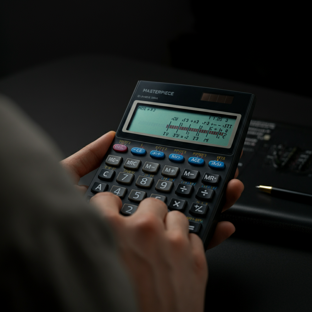 A hand operating a scientific calculator. The display shows the intermediate steps of calculating 1.05 raised to the power of 3. The calculator is clean and well-maintained.