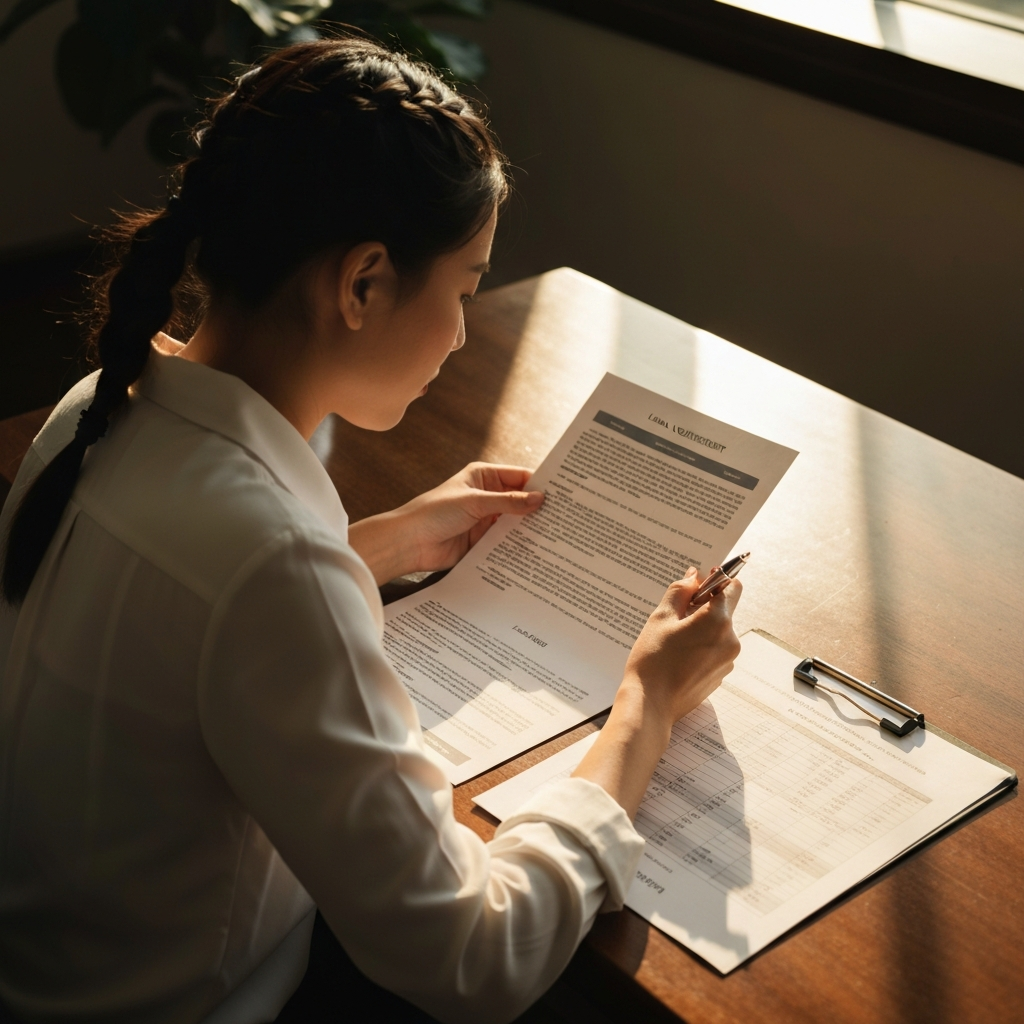 A person reviewing financial documents on a wooden desk. The documents include loan agreements and budget spreadsheets. Golden hour lighting streams through a nearby window.