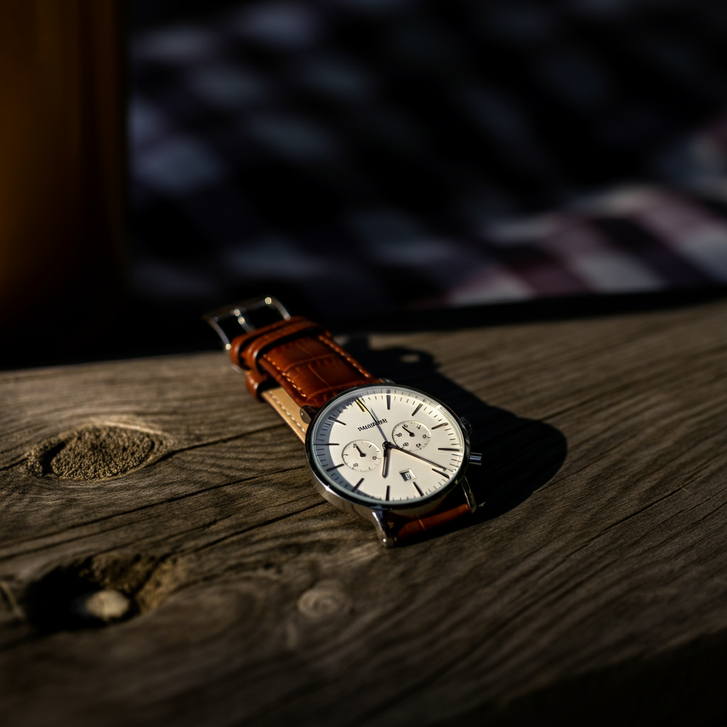 Close-up shot of a wristwatch showing 11:00 AM, resting on a wooden picnic table. Soft, natural light from the side highlights the texture of the wood. The background is slightly blurred, showing a picnic blanket.