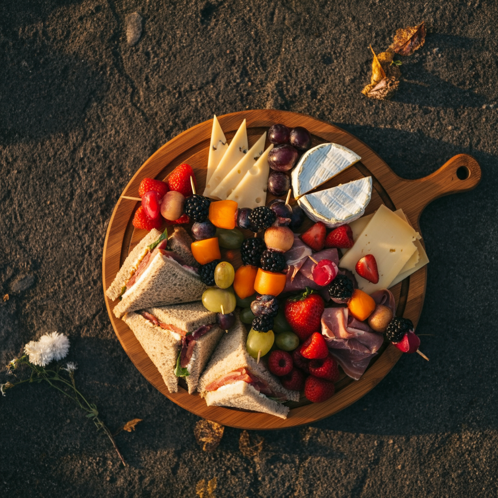 Overhead shot of a variety of picnic foods arranged on a wooden platter: colorful sandwiches cut into triangles, fresh fruit skewers, and assorted cheeses. Golden hour lighting creates warm highlights and shadows.