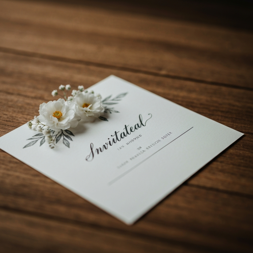 Close-up shot of a handwritten invitation with delicate floral details, resting on a wooden surface. Soft, diffused light creates a romantic and intimate feel.