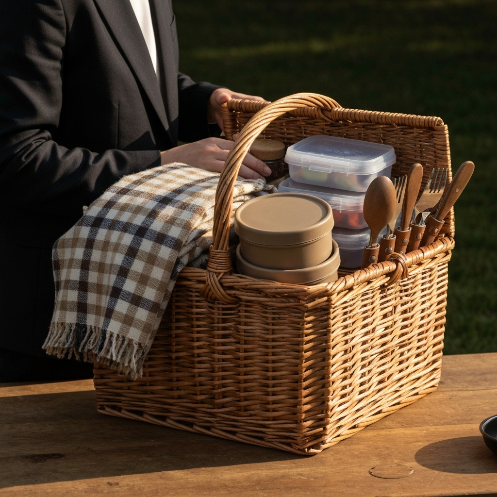 A neatly packed picnic basket with various containers, utensils, and a checkered blanket peeking out from the top. The basket is side-lit, highlighting the texture of the woven material.