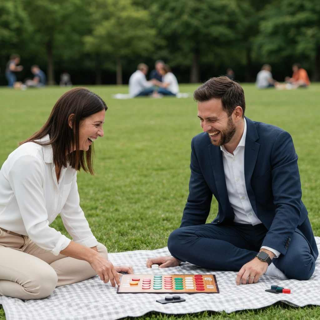 Two people laughing while playing a board game on a picnic blanket in a park. Soft focus on the background shows other people enjoying the park.