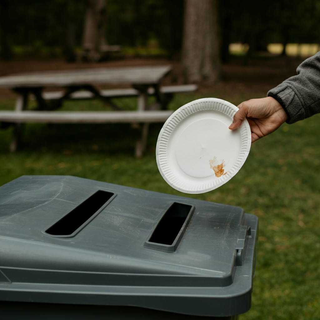 A hand placing a used paper plate into a clearly labeled recycling bin at a picnic site. The bin is clean and well-maintained. Soft, natural light.