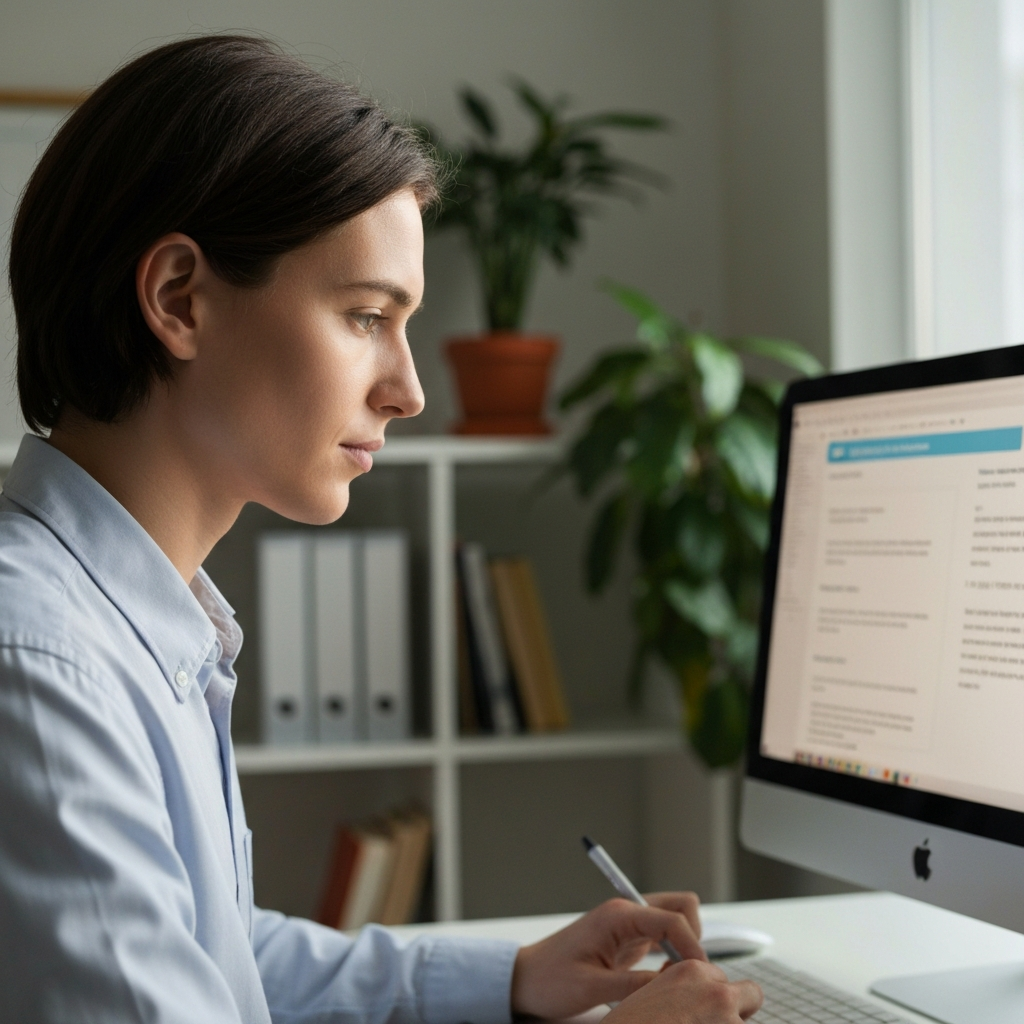A person sitting at a desk in a brightly lit home office, focusing on a computer screen. Soft, natural light illuminates the face as they carefully read a question on the quiz. The background is slightly blurred, showing a bookshelf and a potted plant.
