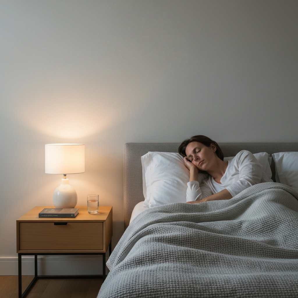 A cozy bedroom scene with soft lighting. A person is peacefully asleep in bed, covered with a textured blanket. A bedside lamp casts a warm glow on a nearby nightstand, featuring a book and a glass of water.
