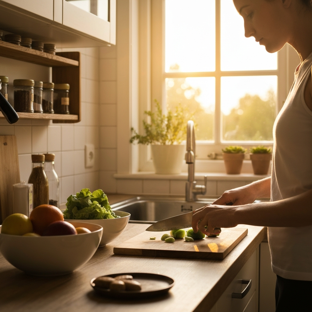 A vibrant kitchen scene with natural light streaming through a window. A person is preparing a healthy meal, chopping vegetables on a wooden cutting board. A bowl of fresh fruit sits on the counter, and various spices are arranged neatly on a shelf.