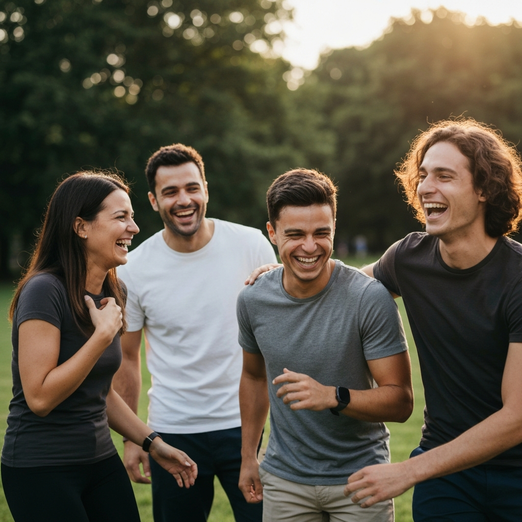 A group of friends laughing together in a park on a sunny day. The image captures a sense of camaraderie and joy, with the friends interacting naturally and genuinely. The park provides a lush, green backdrop.