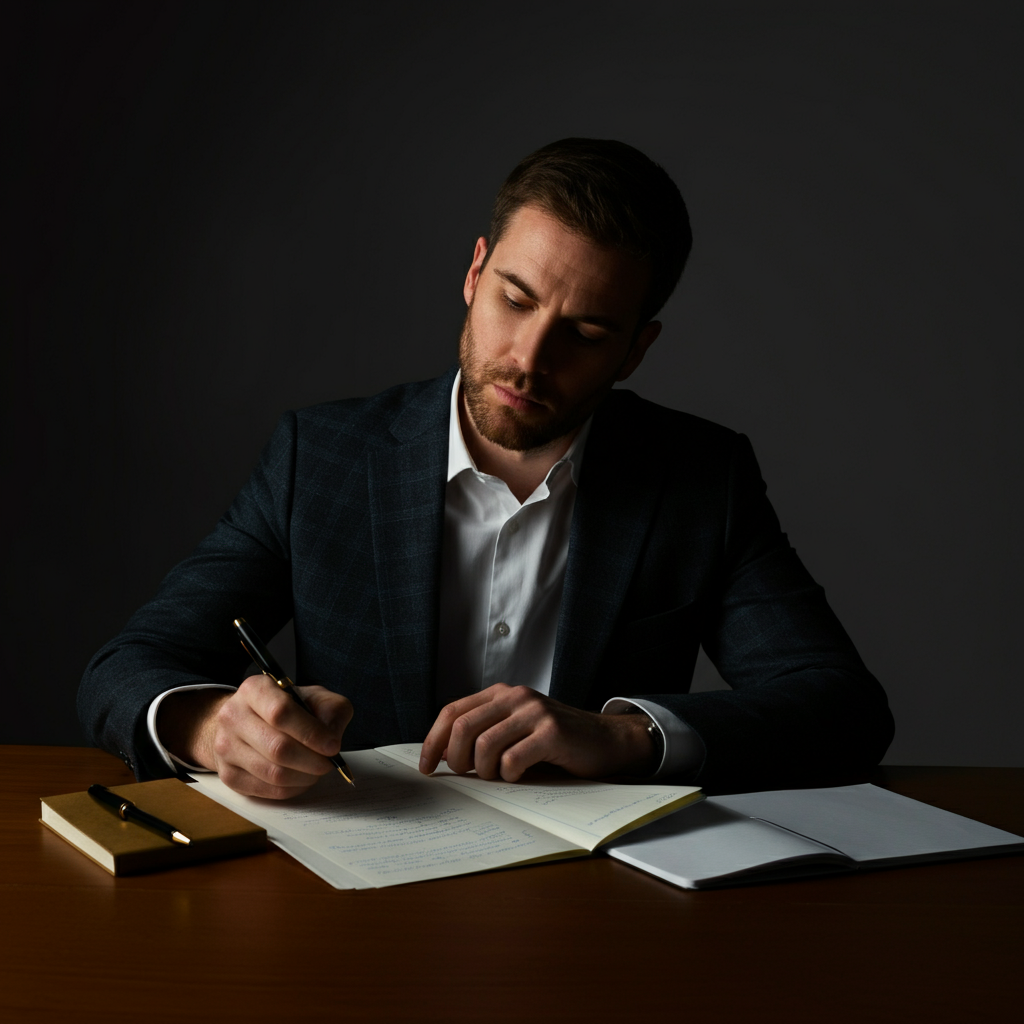 A person sitting at a table, reviewing notes with a thoughtful expression. The lighting is focused on the person and the notes, creating a sense of concentration and analysis. A pen and a notepad are visible on the table.