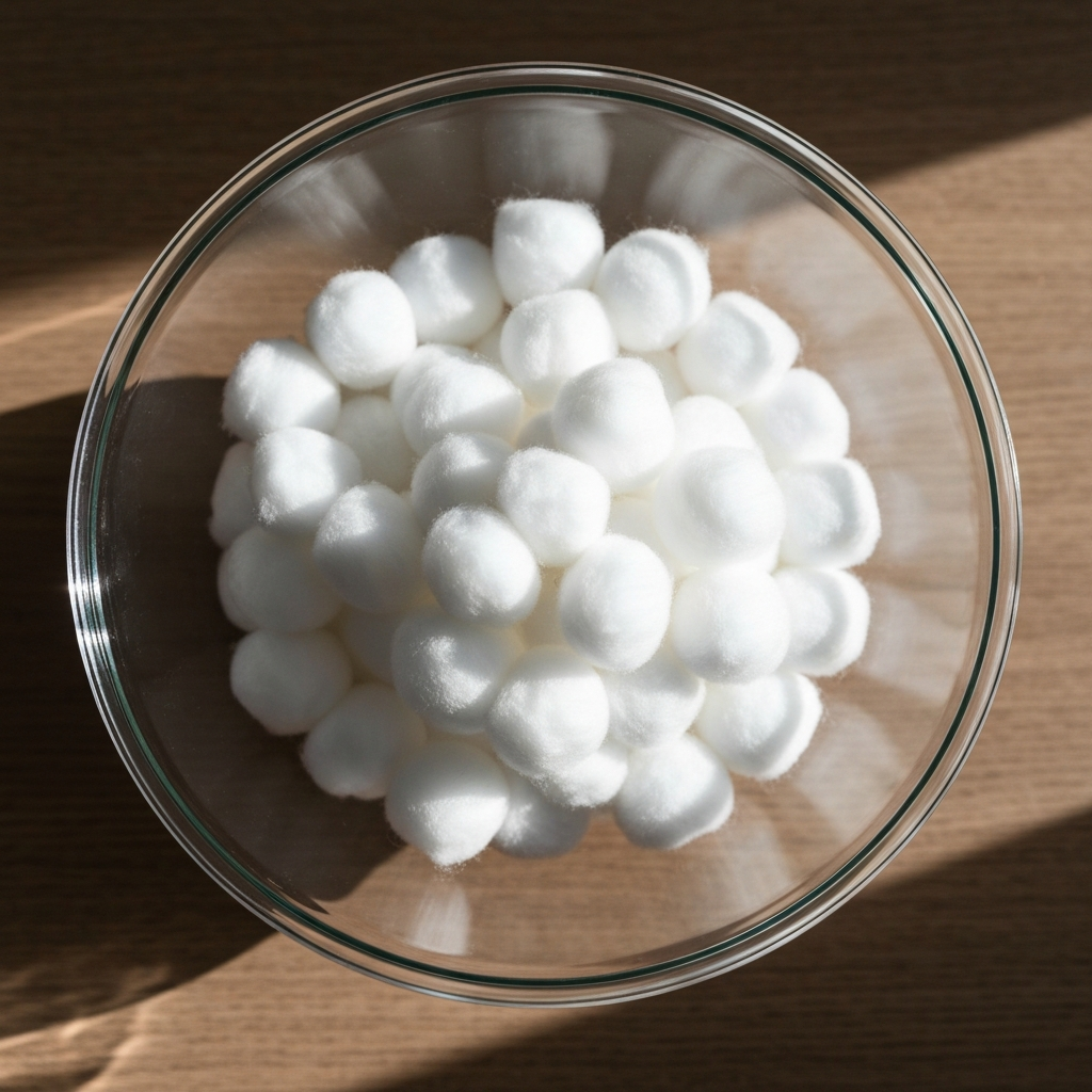 Top-down view of a clear glass bowl filled with fluffy white cotton balls. The bowl sits on a wooden table with subtle grain texture visible. Natural light streaming from above, casting soft shadows within the bowl.
