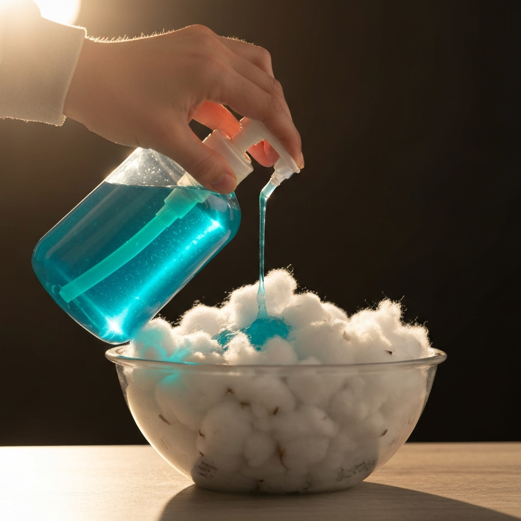 Hands gently squeezing blue liquid soap from a pump bottle onto a bowl filled with white cotton. The scene is side-lit, highlighting the viscosity of the soap and the fluffy texture of the cotton.