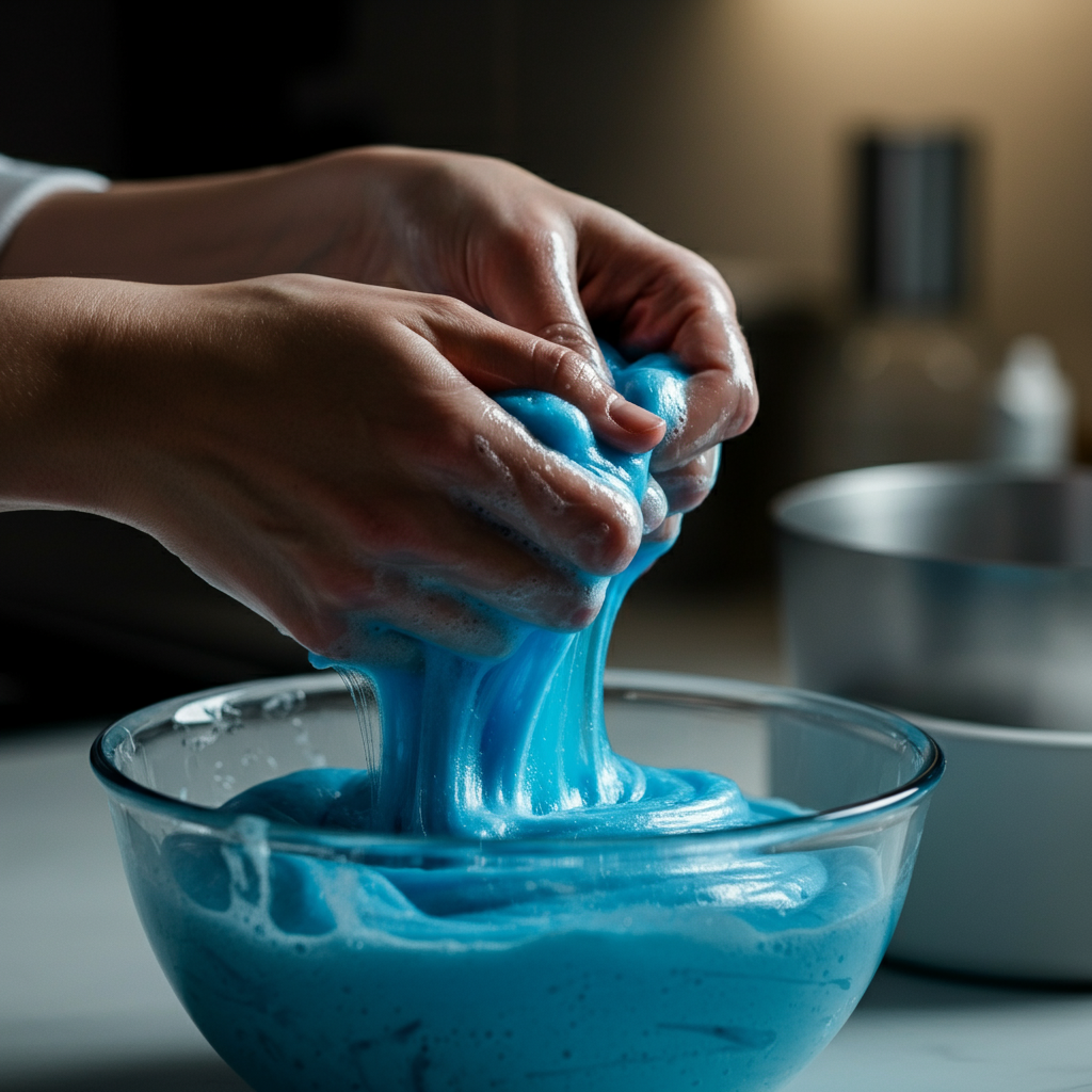 Hands kneading a mixture of cotton and blue soap inside a clear bowl. Close-up shot focusing on the texture of the slime forming between the fingers. Soft bokeh in the background with blurred kitchen elements.