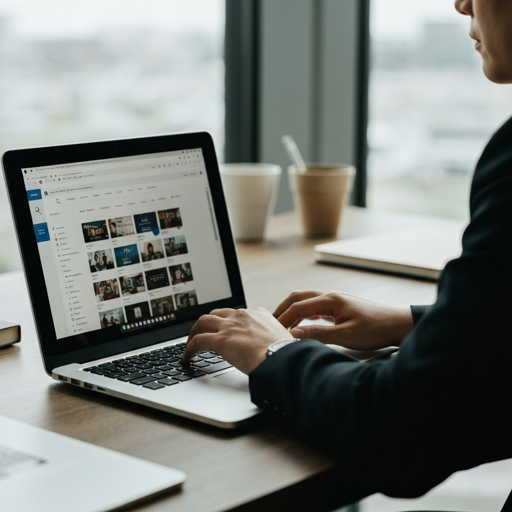 A person sits at a modern desk, bathed in soft, natural light from a nearby window. Their hands hover over a laptop keyboard, the screen displaying a search results page filled with various website options. Focus is on the laptop and hands, with a shallow depth of field blurring the background office space.