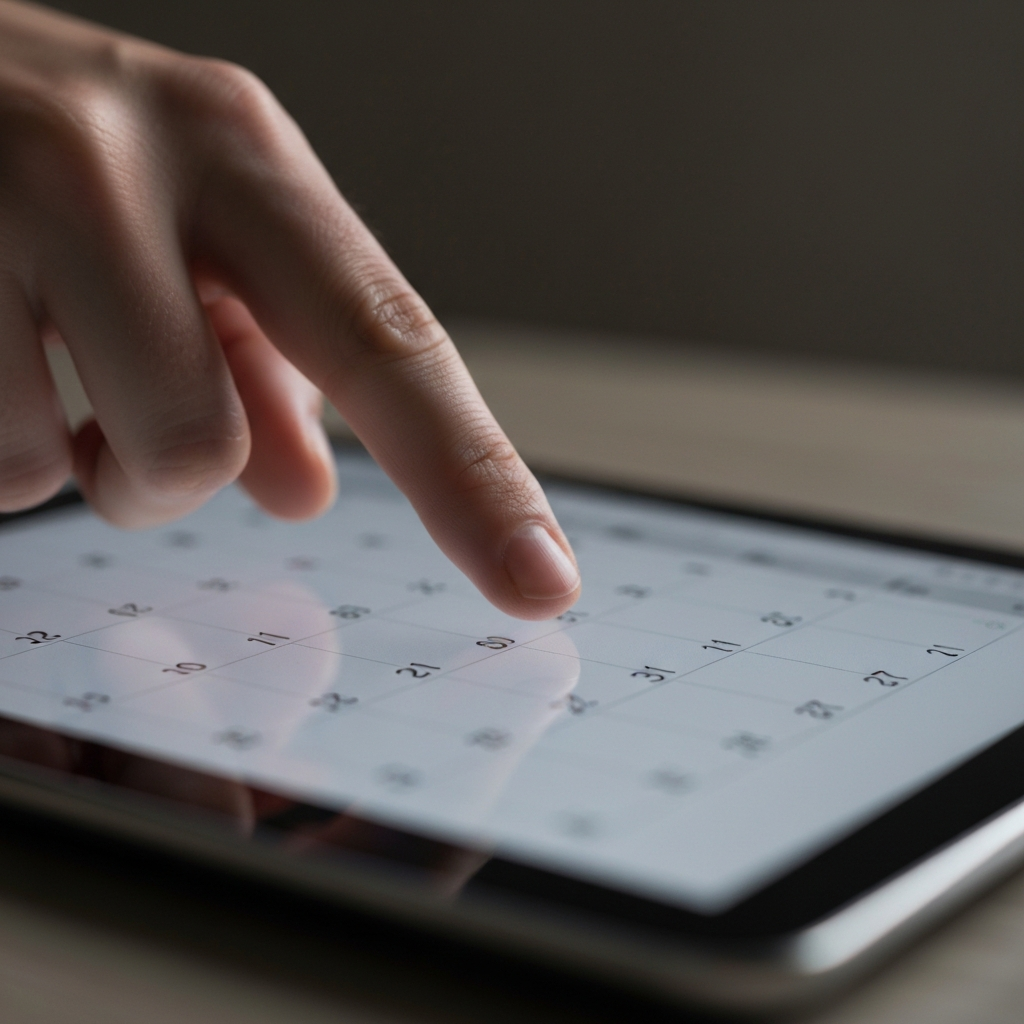 Close-up of a hand carefully clicking on a digital calendar interface on a tablet device. The lighting is soft and diffused, highlighting the texture of the tablet screen. Focus is on the fingertip and the calendar numbers.