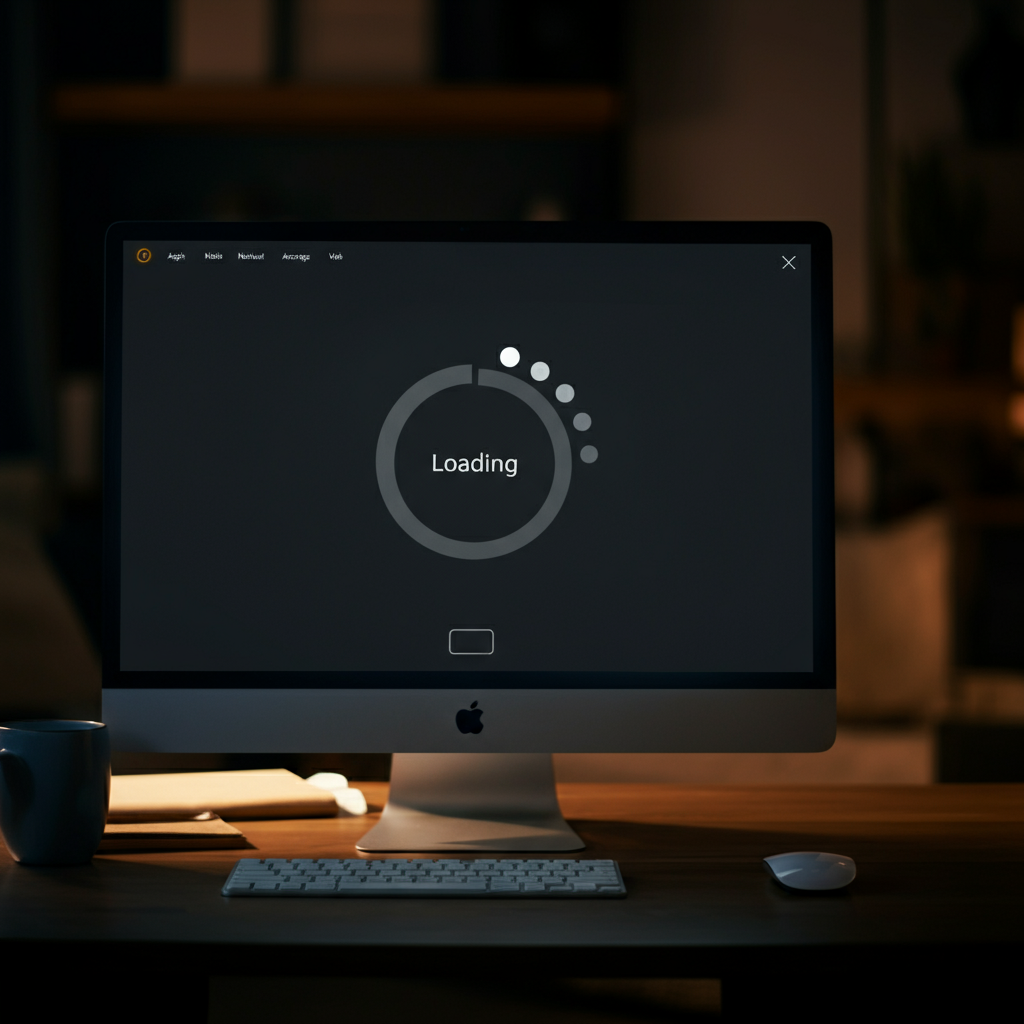 A softly-lit computer screen displays a loading animation with a spinning icon. The background shows a blurred home office environment, suggesting a comfortable and relaxed setting. Emphasis is on the screen with the loading animation.