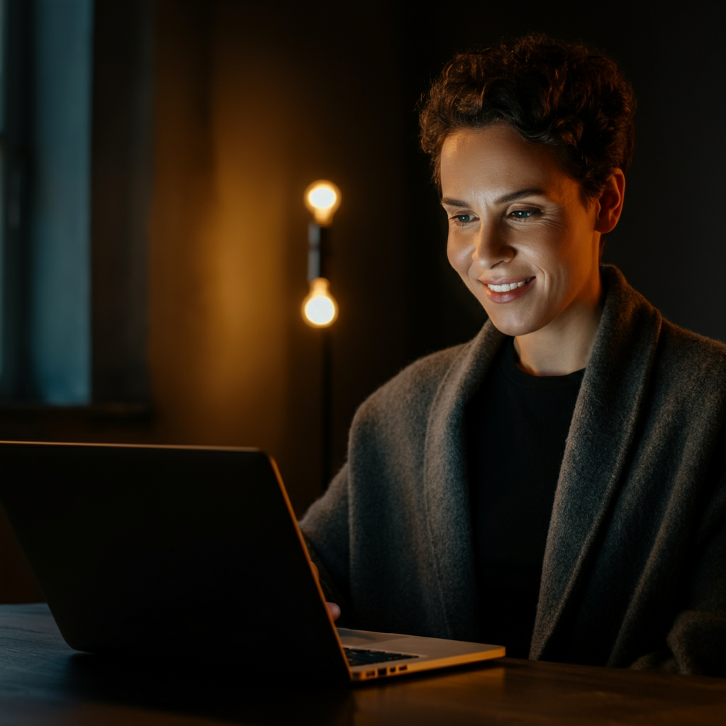 A person smiles subtly while looking at their laptop screen. The screen displays a webpage with information about a holiday. The room is lit with warm, inviting light, suggesting a sense of discovery and enjoyment. Focus on the screen and the person's face.