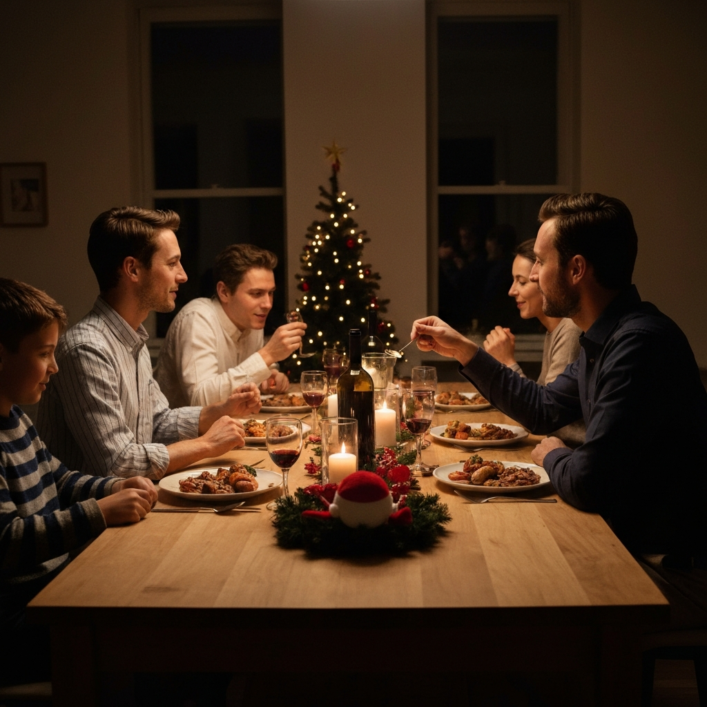 A family gathered around a dining table, sharing a meal with themed decorations related to a unique holiday. The lighting is warm and inviting, emphasizing the sense of togetherness and celebration. Soft bokeh on the background elements.
