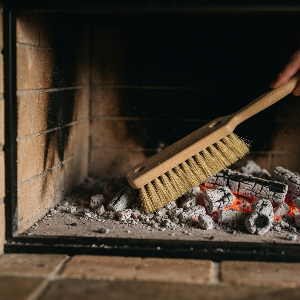 Close-up shot of a fireplace interior being cleaned. Focus on the texture of the brick and the bristles of a stiff brush. Soft, diffused light highlights the details of the ash and soot.