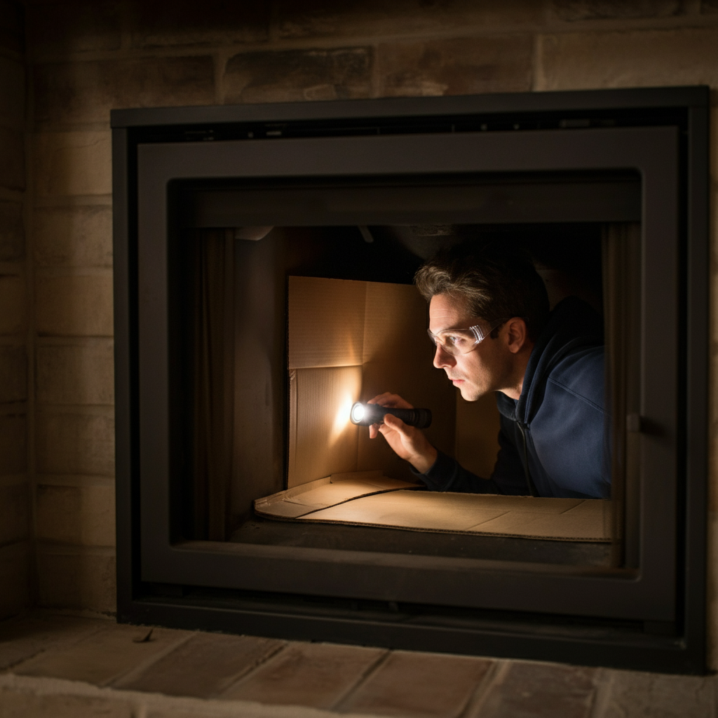 Wide shot of a person inspecting a fireplace from inside the firebox. The person is wearing safety glasses and using a flashlight to illuminate the chimney flue. The cardboard drop cloth is clearly visible. The scene is well-lit with a natural, slightly warm tone.