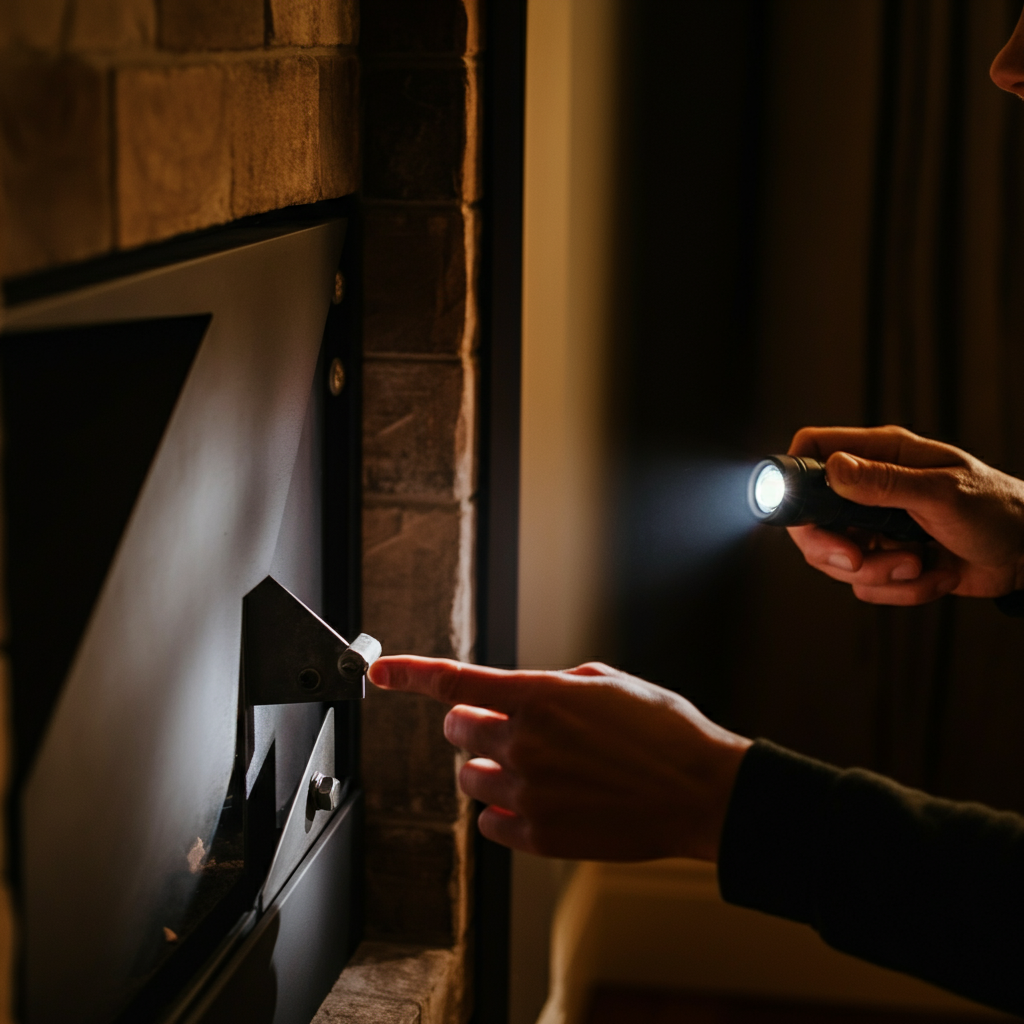 Medium shot of two hands interacting with a fireplace damper. One hand is opening the damper while the other hand holds a flashlight, shining light on the mechanism. The scene is side-lit, highlighting the metallic texture of the damper.