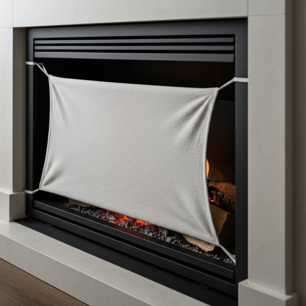 Medium shot of a fireplace with a drop cloth carefully placed inside the firebox. Focus is on the texture of the cloth and the way it's secured. Soft, ambient light.