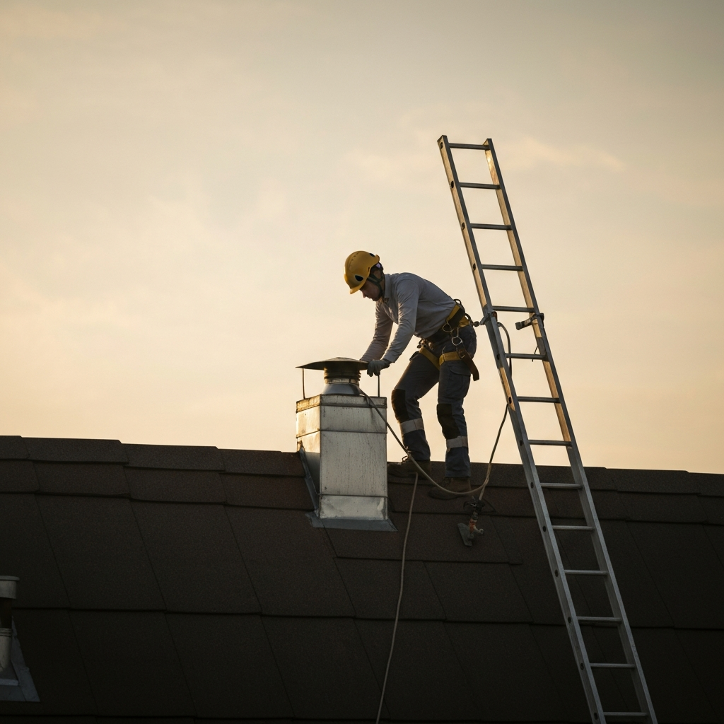 Wide shot of a person on a rooftop, approaching a chimney. The person is wearing safety gear and the ladder is visible in the background. The scene is captured during golden hour, with soft, warm lighting.