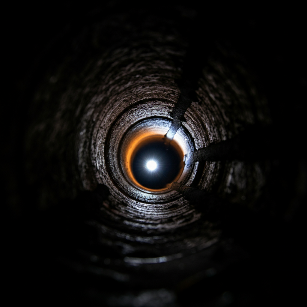 Close-up shot of a person shining a flashlight down a chimney flue. Focus on the texture of the creosote buildup and the inside of the chimney liner. The lighting is dark but highlights the details of the creosote.