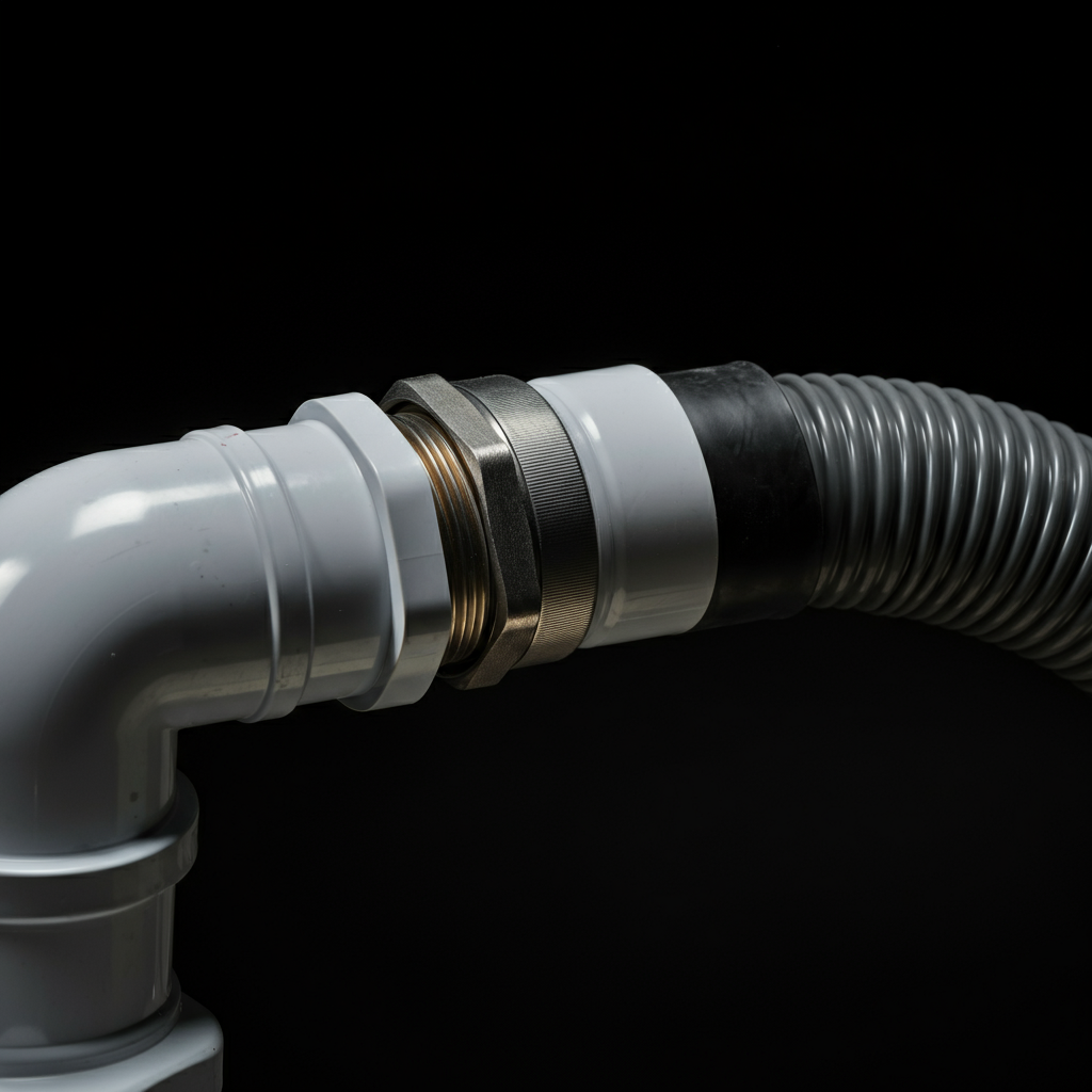 Close-up shot of a shop vacuum hose connected to a PVC pipe, ready to be inserted into a chimney flue. The shot emphasizes the connection point and the cleanliness of the equipment. Soft, even lighting.