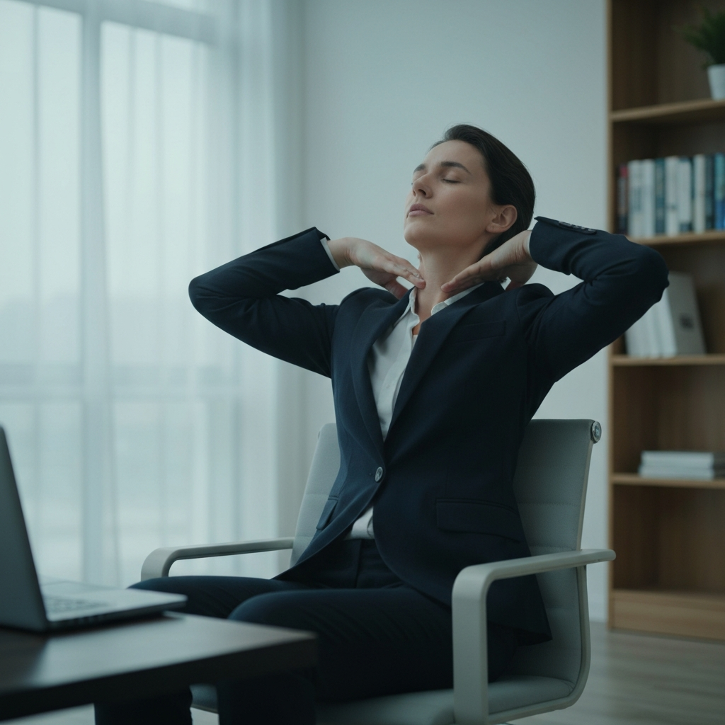 A person sitting upright in a chair in a well-lit office, performing gentle neck stretches. They are professionally dressed, and the background includes a blurred bookshelf and a laptop. The lighting is even and professional, highlighting the person's relaxed posture.