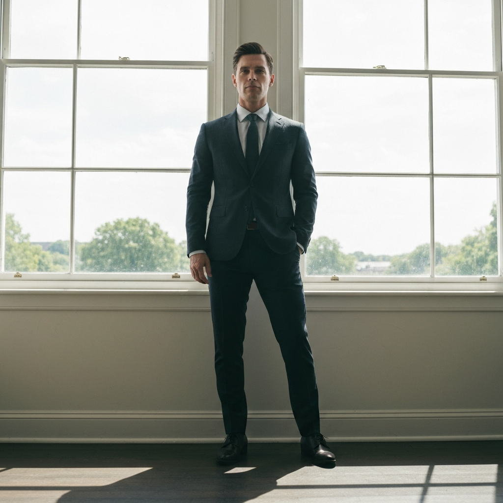A person standing tall and confidently in a bright, airy room with large windows. They are dressed in professional attire, and their posture is impeccable. The lighting is natural and flattering, highlighting their strong and poised demeanor.